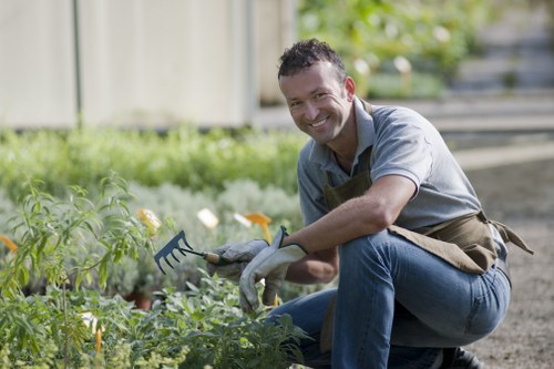 A smiling man with dark, curly hair and light skin, dressed in a light grey t-shirt and denim jeans, is kneeling in a well-maintained garden. He is wearing gardening gloves and holding a small hand rake in his right hand, engaged in tending to a lush, green vegetable or flower bed that includes various leafy plants. The garden features a neat, gravel pathway in the foreground, with the bed bordering it, and a wooden fence with a weathered appearance in the background. Behind him, there are steps leading up to a higher level of the garden with potted plants or shrubs visible at the top. Sunlight illuminates the scene, highlighting the vibrant greens of the plants and the natural textures of the garden surface. This professional gardening work aligns with services offered by Lawn Mowing Stratford in the local area, showcasing care for both plant health and tidy outdoor spaces, suitable for residential gardens in Stratford or nearby UK locations.
